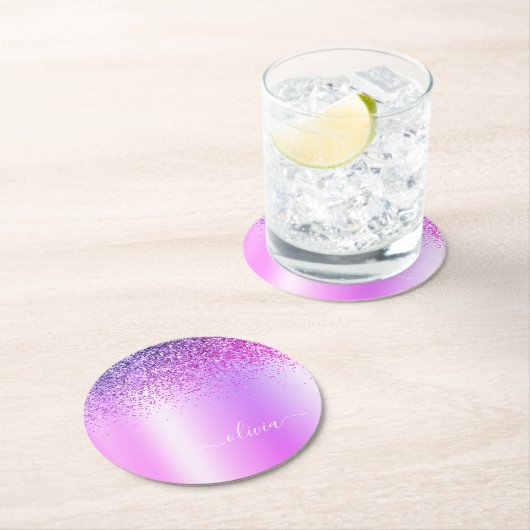 Paars monogram Glitter Sparkle Girly Script Ronde Kartonnen Onderzetter (Insitu)