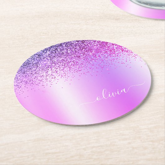 Paars monogram Glitter Sparkle Girly Script Ronde Kartonnen Onderzetter (Gebogen)