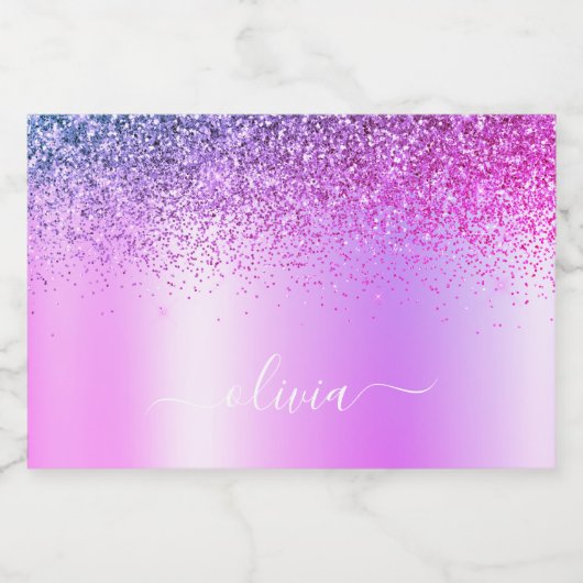 Paars monogram Glitter Sparkle Girly Script Sparkling Wijnetiket (Enkel label)