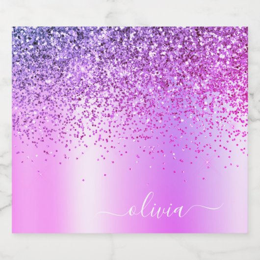Paars monogram Glitter Sparkle Girly Script Sparkling Wijnetiket (Enkel label)