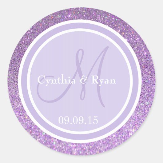 Paars monogram voor Glitter en Lavender Weddenscha Ronde Sticker (Voorkant)