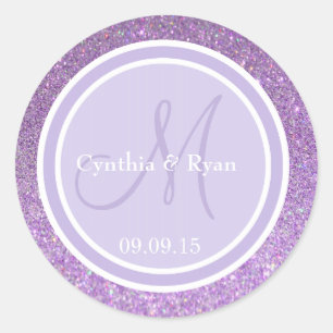 Paars monogram voor Glitter en Lavender Weddenscha Ronde Sticker