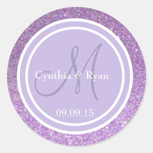 Paars monogram voor Glitter en Lavender Weddenscha Ronde Sticker (Voorkant)