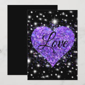Paars mousserend hart, liefje glitter valentijn feestdagenkaart (Voorkant / Achterkant)