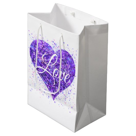 Paars mousserend hart, liefje glitter valentijn medium cadeauzakje (Voorkant Gekanteld)