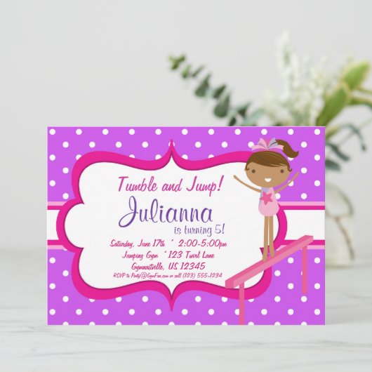 Paars n Pink Gymnastic Birthday Party Invitation Kaart (Staand voorkant)