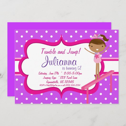 Paars n Pink Gymnastic Birthday Party Invitation Kaart (Voorkant / Achterkant)