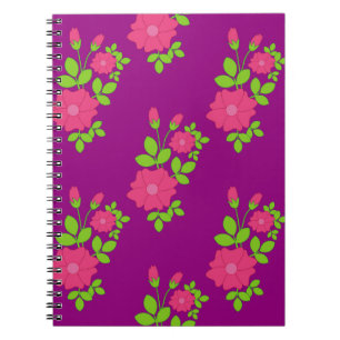 Paars naadloos patroon met roze bloemen en groen notitieboek