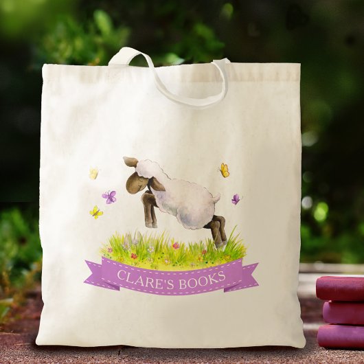 Paars naamboek Lamb skipping Spring whimsy Tote Bag