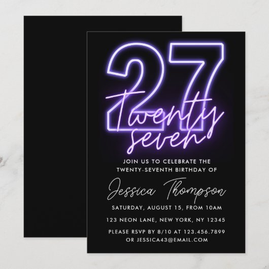 Paars Neon 27th Birthday Uitnodiging (Voorkant / Achterkant)