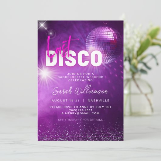 Paars Neon Roze Laatste Disco Meidenavondje Kaart (Staand voorkant)