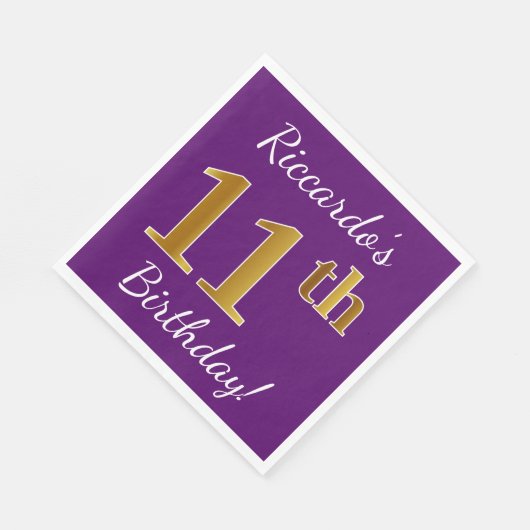 Paars, Nep Goud 11e Verjaardag + Aangepaste Naam Servetten (Hoek)
