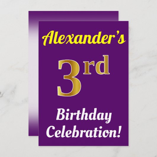 Paars, Nep Goud 3e Verjaardagsfeest + Naam Kaart (Voorkant / Achterkant)