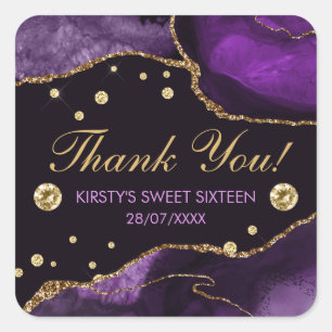 Paars & Nep Goud Glitter Agate Sweet 16 Vierkante Sticker