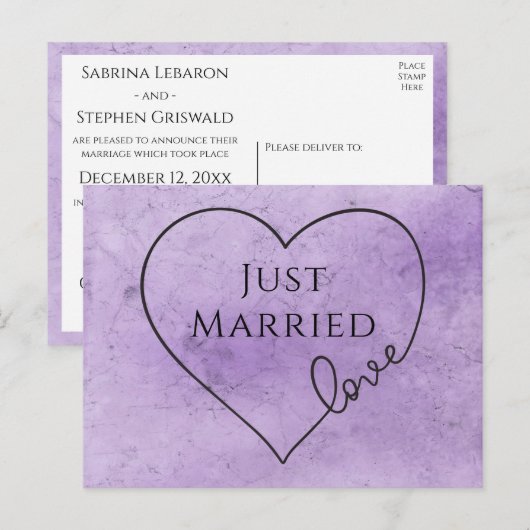 Paars net gehuwde Heart Waterverf bruiloft Aankondigingskaart (Voorkant / Achterkant)