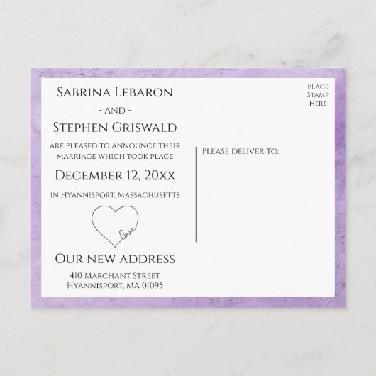 Paars net gehuwde Heart Waterverf bruiloft Aankondigingskaart (Achterkant)