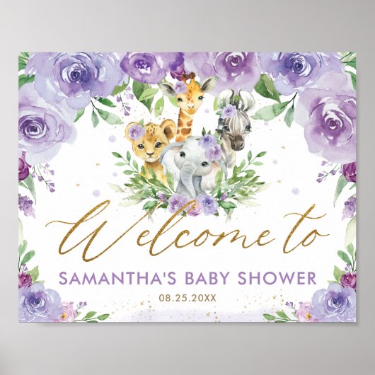Paars Oerwoud Dieren Baby shower Welkom Poster (Voorkant)