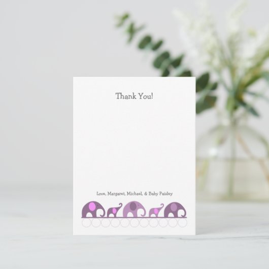 Paars olifant Baby shower Dank u wel Bedankkaart (Staand voorkant)