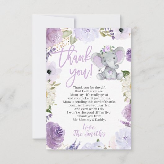 Paars olifant Baby shower Dank u wel kaarten (Voorkant)