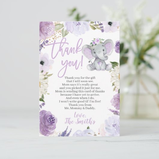 Paars olifant Baby shower Dank u wel kaarten (Staand voorkant)