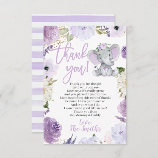 Paars olifant Baby shower Dank u wel kaarten (Voorkant / Achterkant)