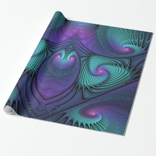 Paars ontmoet Turquoise modern abstract Fractal Ar Cadeaupapier (Uitgerold)