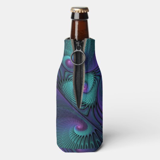 Paars ontmoet Turquoise Modern Abstract Fractal Ar Flesjeskoeler (Fles Achterkant)