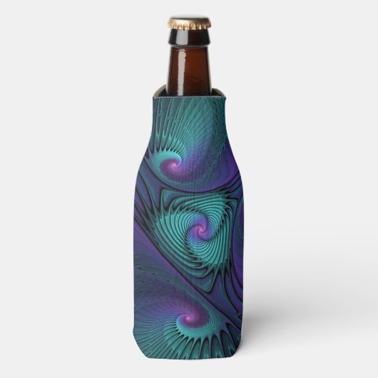 Paars ontmoet Turquoise Modern Abstract Fractal Ar Flesjeskoeler (Fles Voorkant)