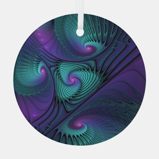 Paars ontmoet Turquoise Modern Abstract Fractal Ar Glas Ornament (Achterkant)