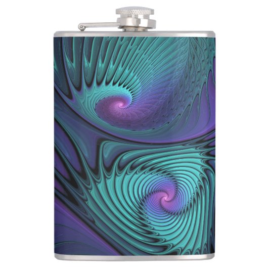 Paars ontmoet Turquoise Modern Abstract Fractal Ar Heupfles (Voorkant)