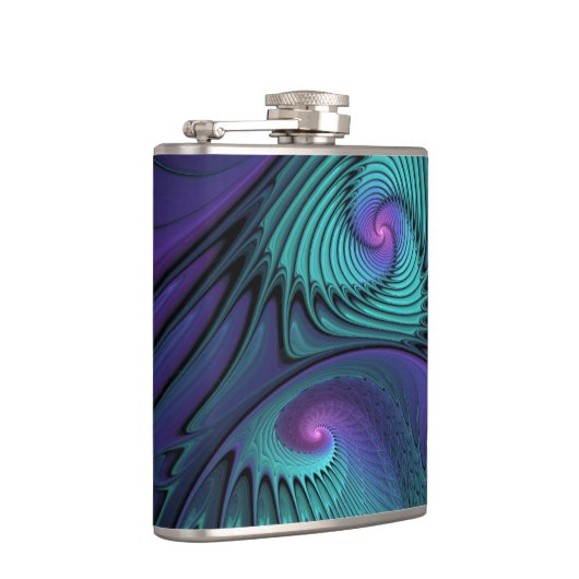 Paars ontmoet Turquoise Modern Abstract Fractal Ar Heupfles (Rechts)