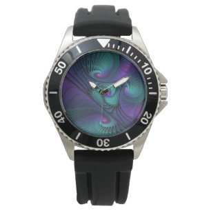 Paars ontmoet Turquoise Modern Abstract Fractal Ar Horloge