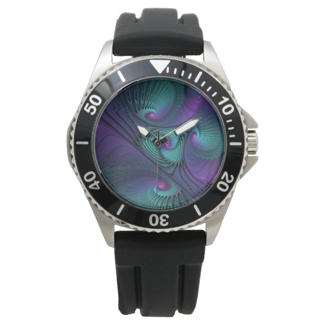 Paars ontmoet Turquoise Modern Abstract Fractal Ar Horloge (Voorkant)