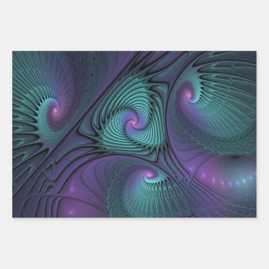 Paars ontmoet Turquoise modern abstract Fractal Ar Inpakpapier Vel (Voorkant)