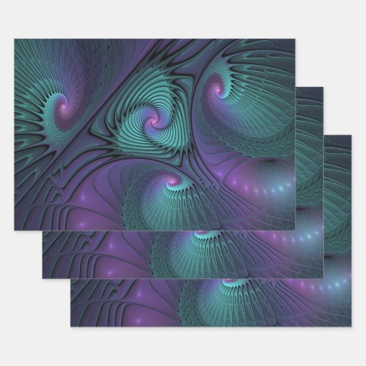 Paars ontmoet Turquoise modern abstract Fractal Ar Inpakpapier Vel (Set)