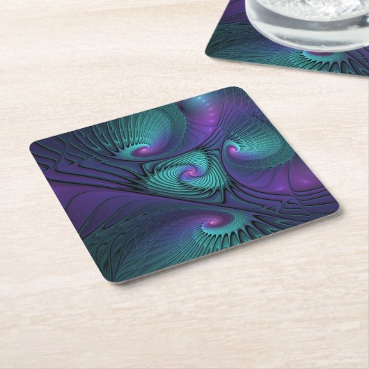 Paars ontmoet Turquoise Modern Abstract Fractal Ar Kartonnen Onderzetters (Schuin)