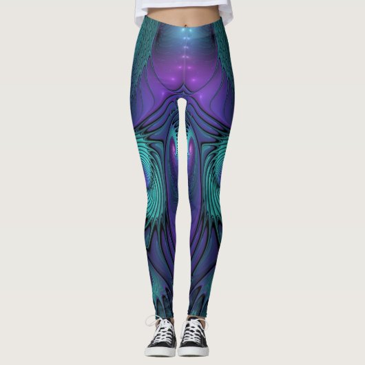 Paars ontmoet Turquoise modern abstract Fractal Ar Leggings (Voorkant)