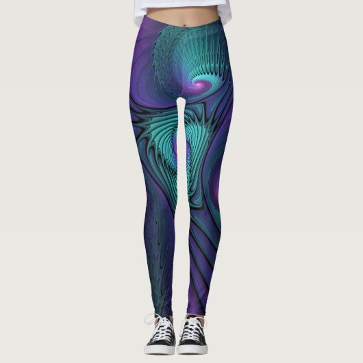 Paars ontmoet Turquoise modern abstract Fractal Ar Leggings (Voorkant)
