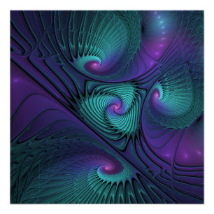 Paars ontmoet Turquoise modern abstract Fractal Ar Perfect Poster