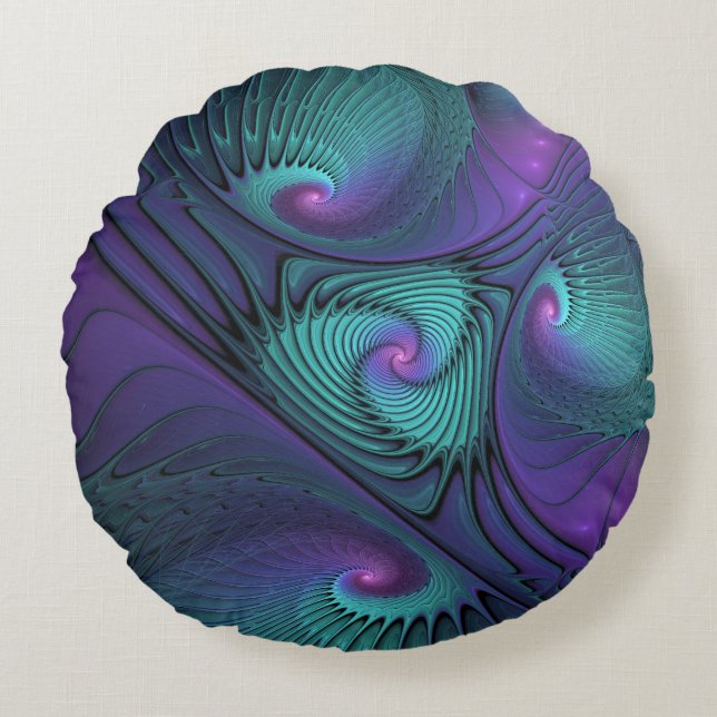 Paars ontmoet Turquoise modern abstract Fractal Ar Rond Kussen (Voorkant)