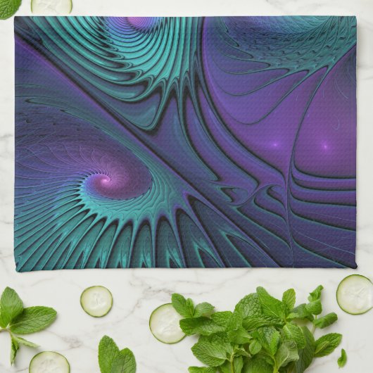 Paars ontmoet Turquoise modern abstract Fractal Ar Theedoek (Gevouwen)