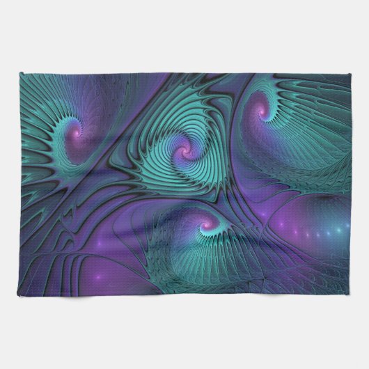 Paars ontmoet Turquoise modern abstract Fractal Ar Theedoek (Horizontaal)