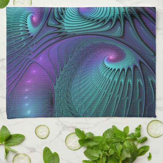 Paars ontmoet Turquoise modern abstract Fractal Ar Theedoek (Gevouwen)