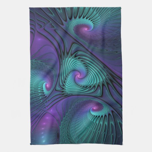 Paars ontmoet Turquoise modern abstract Fractal Ar Theedoek (Verticaal)