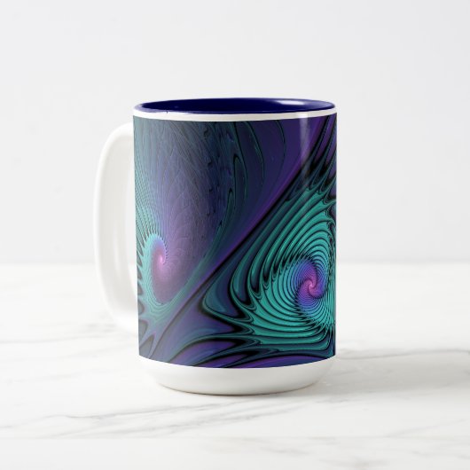Paars ontmoet Turquoise modern abstract Fractal Ar Tweekleurige Koffiemok (Voorkant links)