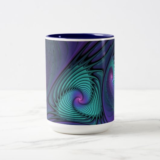 Paars ontmoet Turquoise modern abstract Fractal Ar Tweekleurige Koffiemok (Center)