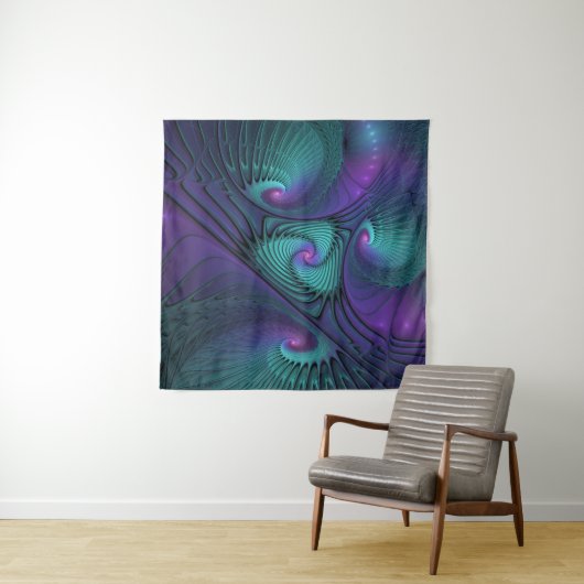 Paars ontmoet Turquoise modern abstract Fractal Ar Wandkleed (In situ)