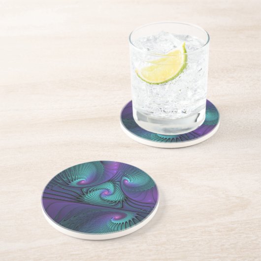 Paars ontmoet Turquoise Modern Abstract Fractal Ar Zandsteen Onderzetter (Zijkant)