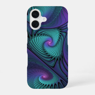 Paars ontmoet Turquoise moderne abstracte Fractal iPhone 16 Hoesje