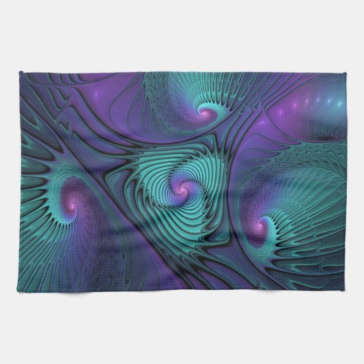 Paars ontmoet Turquoise moderne abstracte Fractal Theedoek (Horizontaal)